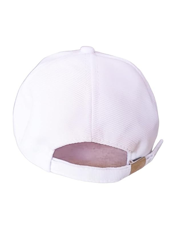 The image shows the back view of a white baseball cap with a slightly worn appearance. The cap features a structured design with visible stitching and a small metal clasp at the back for size adjustment.