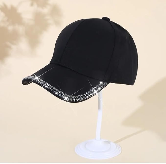 A sparkling black cap with rhinestone detail, ideal for women caps online, fashion hats for women, kids hats, baby bibs online, and affordable gifts online.