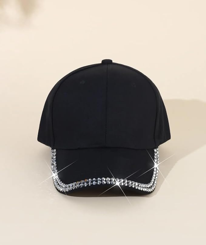 A black cap with sparkling rhinestone trim, perfect for women caps online, fashion hats for women, kids hats, baby bibs online, and affordable gifts online.