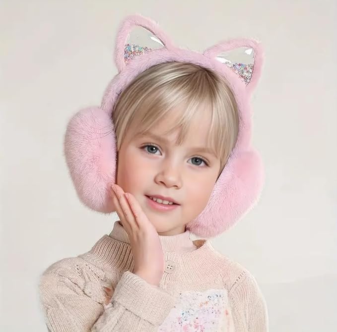 The image shows a young child with blonde hair wearing a pink, fluffy earmuff with cat ear designs that have glittery accents. The child is dressed in a light-colored, knitted sweater and is posing with one hand near their face against a plain background.