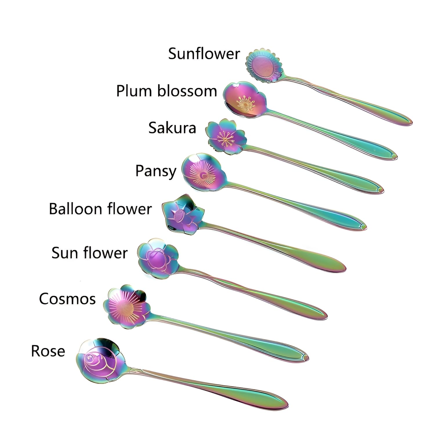 A set of iridescent spoons with floral designs on the bowls, labelled Sunflower, Plum Blossom, Sakura, Pansy, Balloon Flower, Sunflower, Cosmos, and Rose, displayed against a white background.