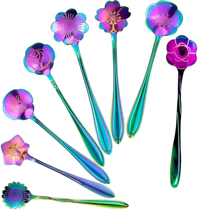 A set of iridescent spoons with floral-patterned bowls in shades of purple, pink, and blue, arranged in a fan shape against a white background.