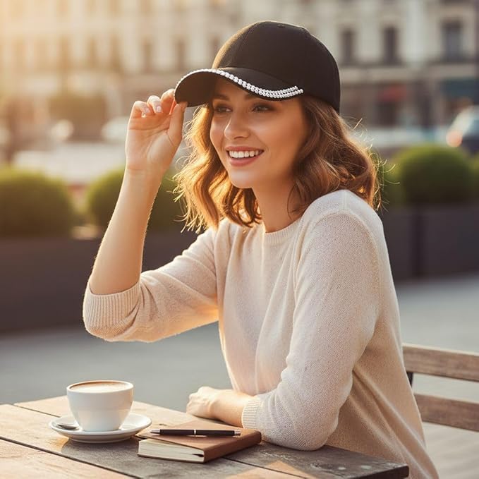 A chic black cap with rhinestone detail, ideal for women caps online, fashion hats for women, kids hats, and affordable gifts online.