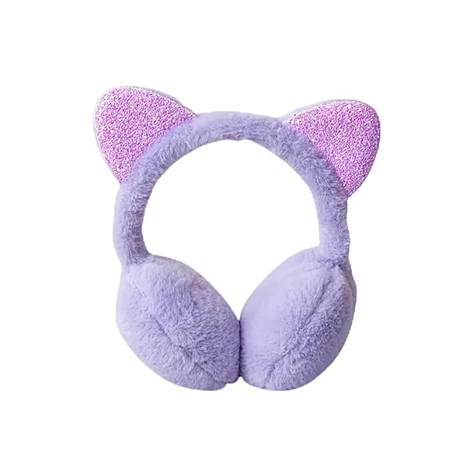 The image shows a pair of purple, fluffy earmuffs with cat ear designs featuring pink glitter accents, set against a plain white background.