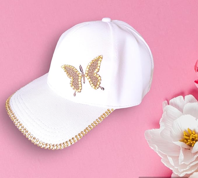 This elegant white cap with a golden butterfly design is perfect for fashion lovers. From baby bibs online to winter earmuffs and summer hats for girls, it makes a stylish pick for affordable gifts online