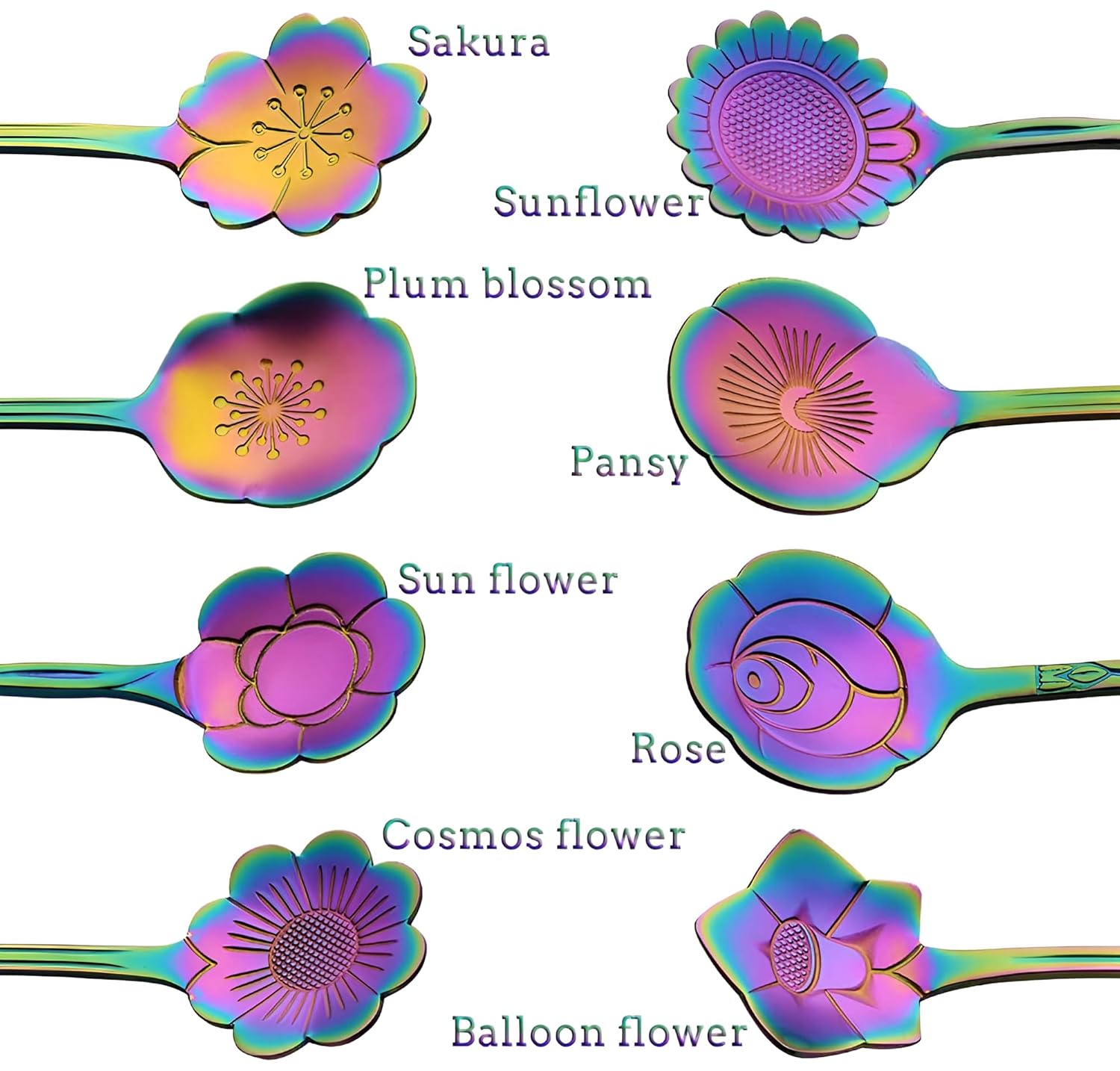 A collection of iridescent spoons with floral designs on the bowls, labeled as Sakura, Sunflower, Plum Blossom, Pansy, Sun Flower, Rose, Cosmos Flower, and Balloon Flower, displayed against a white background.