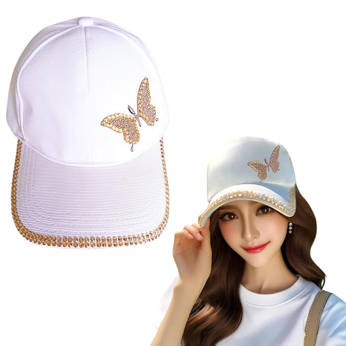 A chic white cap with a golden butterfly design, perfect for trendy looks. Great pick for women caps online, fashion hats for women, kids hats, and affordable gifts online.