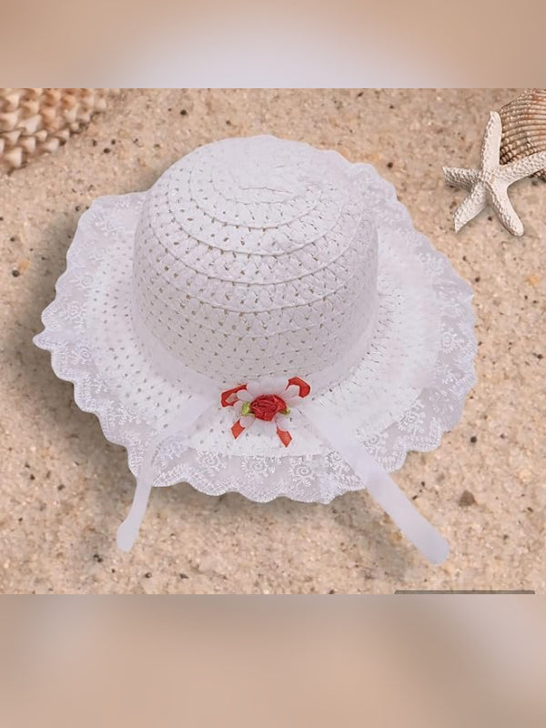 Trubliz Girls’ White Straw Hat with Lace Brim & Floral Bow