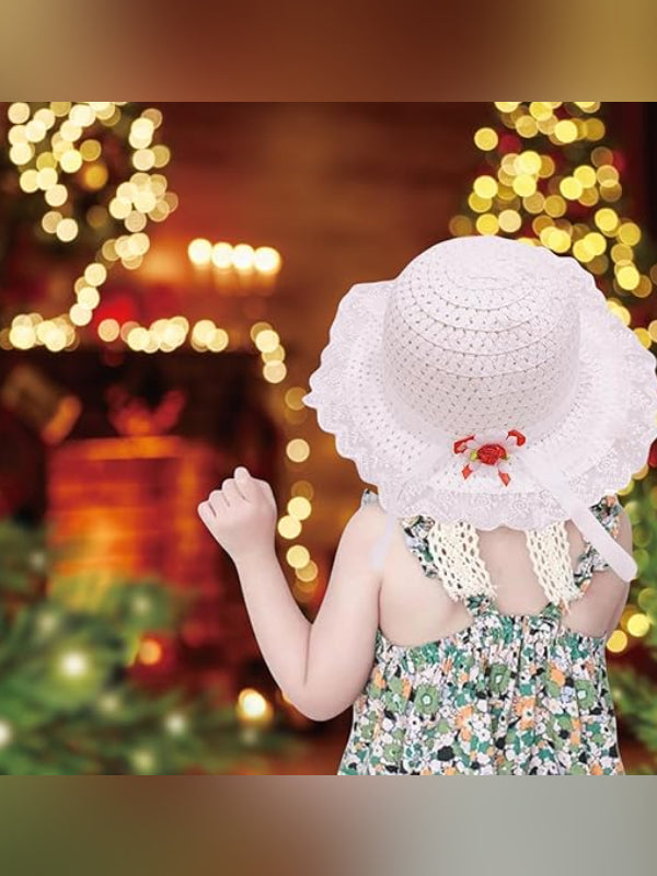 Trubliz Girls’ White Straw Hat with Lace Brim & Floral Bow