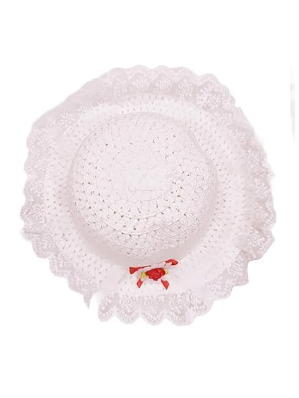 Trubliz Girls’ White Straw Hat with Lace Brim & Floral Bow