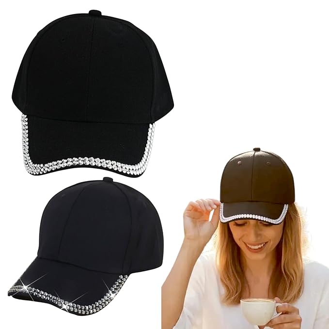 A trendy black cap with rhinestone trim, perfect for women caps online, fashion hats for women, kids hats, baby bibs online, and affordablee gifts online.