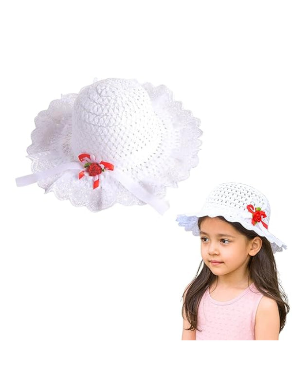 Trubliz Girls’ White Straw Hat with Lace Brim & Floral Bow