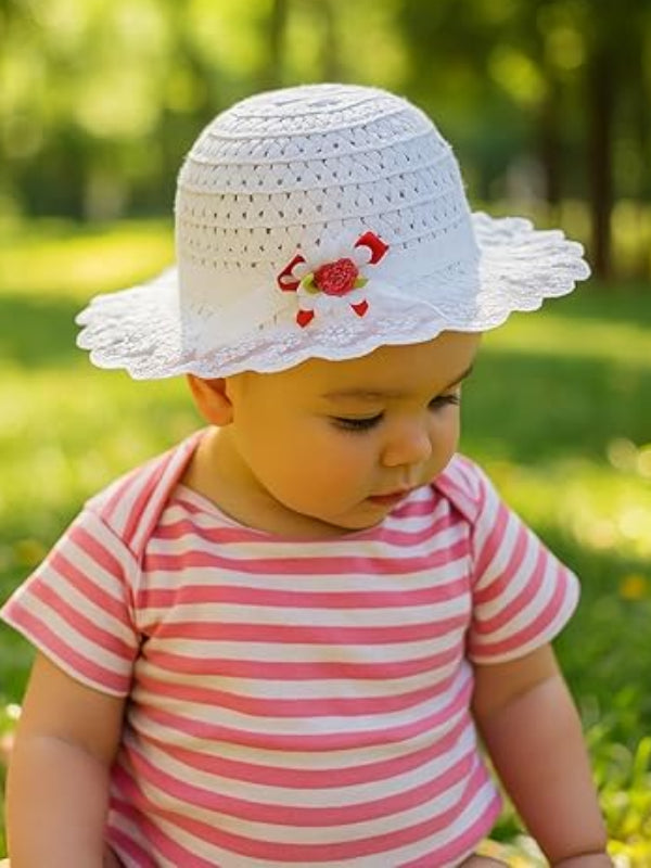 Trubliz Girls’ White Straw Hat with Lace Brim & Floral Bow